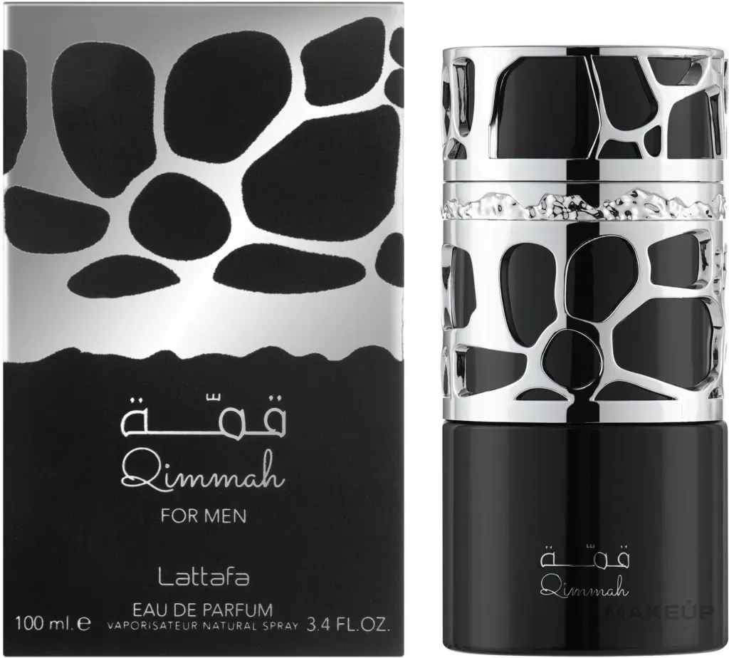 Eau de Parfum Qimmah para hombre, frasco y caja en blanco y negro con estampado abstracto.