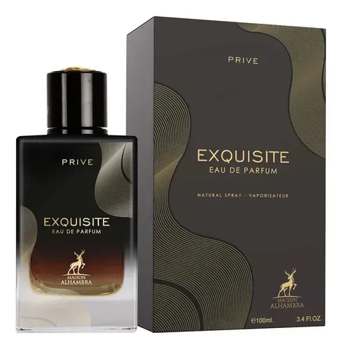 Frasco de Eau de Parfum negro exquisito y caja a juego con detalles dorados sobre fondo blanco.