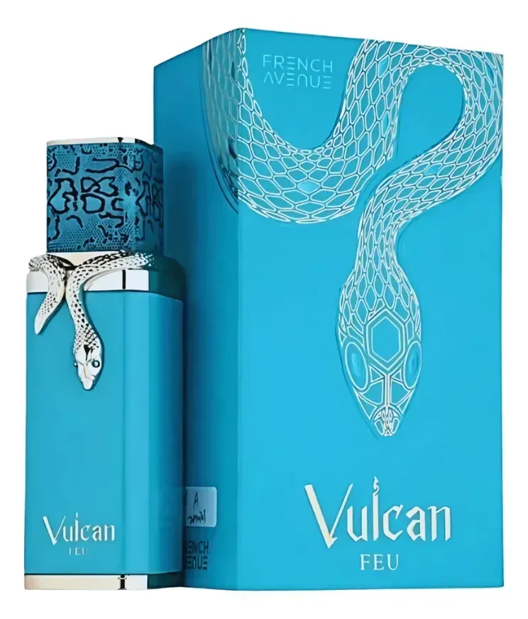 Frasco y caja de perfume Vulcan Feu color turquesa con ilustración de una serpiente blanca.