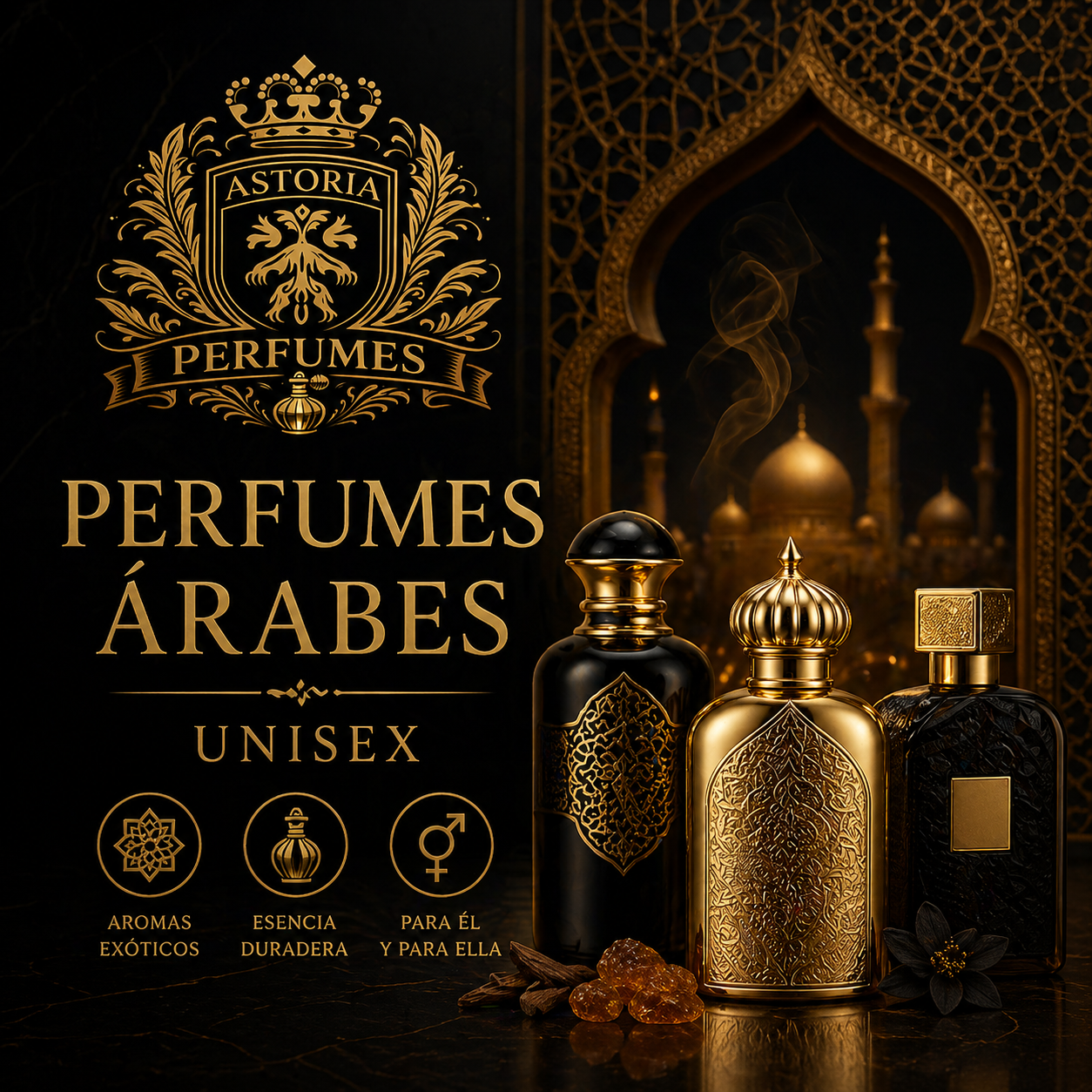 Anuncio de perfume árabe unisex de lujo con frascos dorados sobre un fondo oscuro y ornamentado.