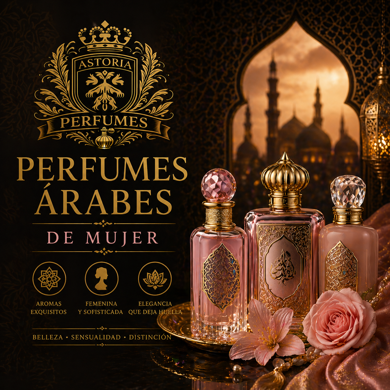 Anuncio de lujo de perfumes árabes para mujer con texto dorado, tres frascos rosas y rosas sobre un fondo oscuro.