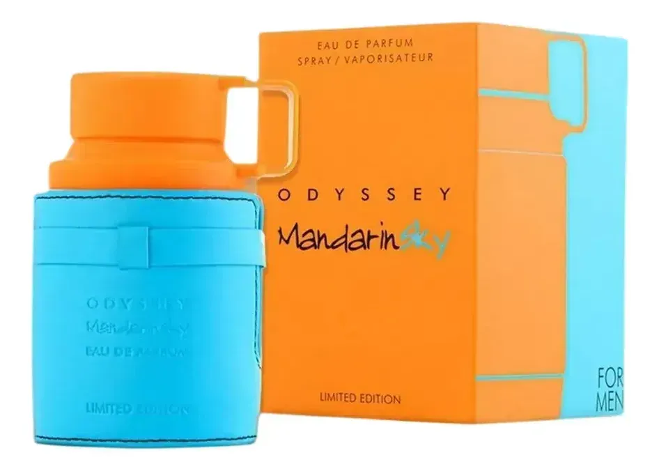 Frasco de perfume Odyssey Mandarin de color naranja y turquesa junto a su caja a juego.