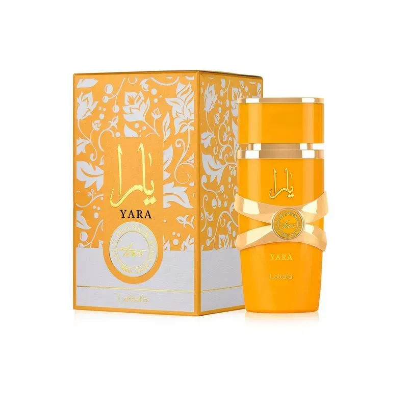 Frasco de perfume Yara naranja y blanco con caja a juego.
