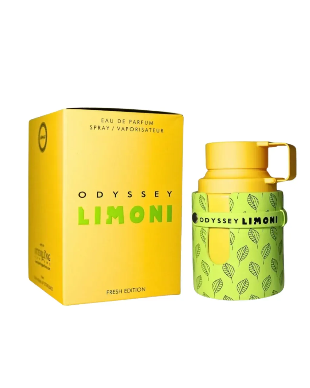 Caja de perfume Yellow Odyssy Limoni y botella verde lima a juego con estampado de hojas.