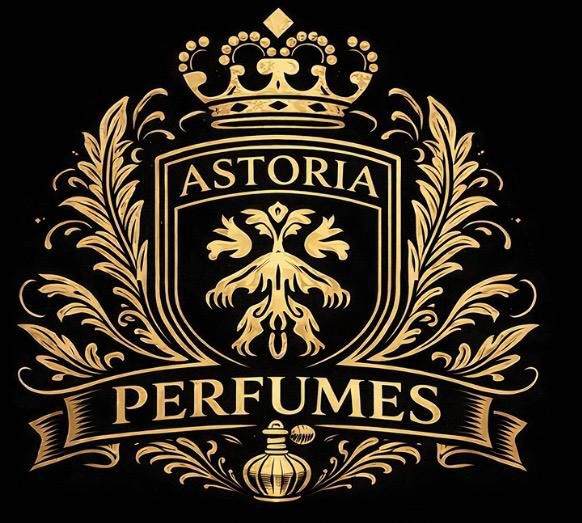 Logotipo de Fragrance World: fondo negro, borde dorado y decorativo alrededor del texto y las letras 