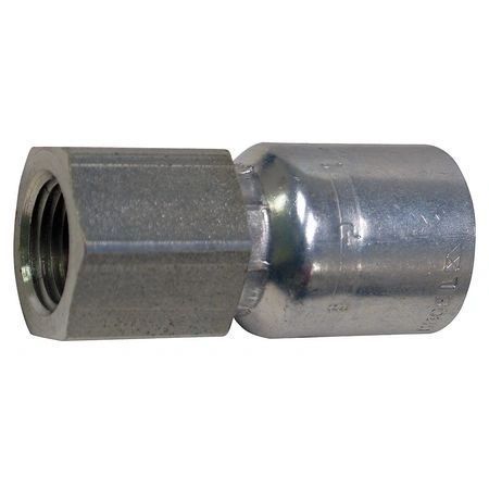 A close up of a stainless steel hose connector on a white background.