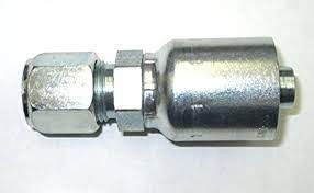 A close up of a metal hose connector on a white surface.