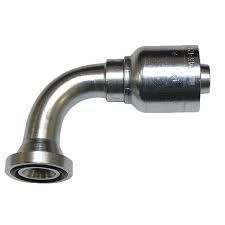 A close up of a stainless steel hose fitting on a white background.