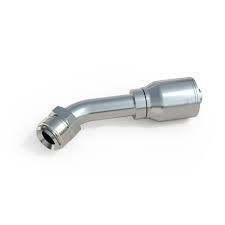 A close up of a stainless steel hose fitting on a white background.