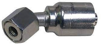 A close up of a stainless steel hose connector on a white background.