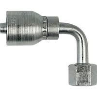 A close up of a stainless steel hose fitting on a white background.