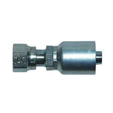 A close up of a hydraulic hose connector on a white background.
