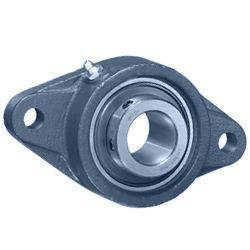 A close up of a pillow block bearing on a white background.