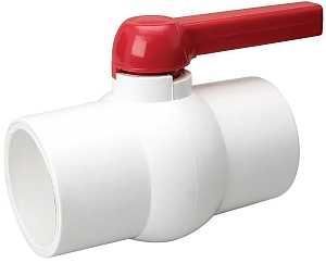 A white ball valve with a red handle on a white background.