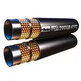 Two hydraulic hoses are stacked on top of each other on a white background.