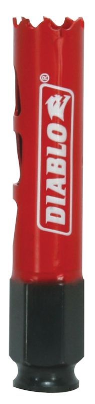 A red and black diablo hole saw on a white background