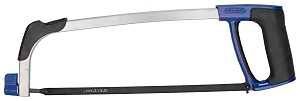 A close up of a hacksaw with a blue handle on a white background.