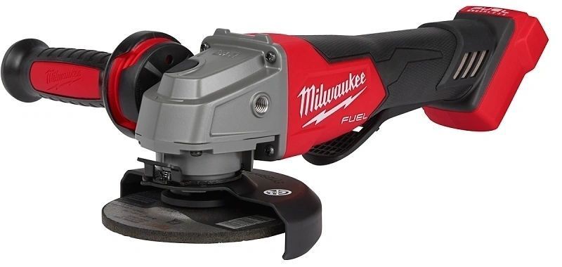 A milwaukee angle grinder is sitting on a white surface.