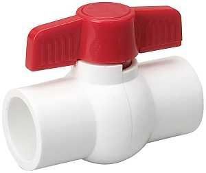 A white ball valve with a red handle on a white background.