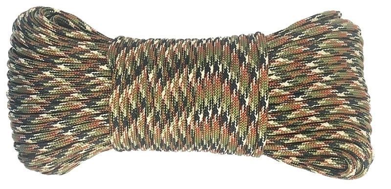 A spool of camouflage rope on a white background.