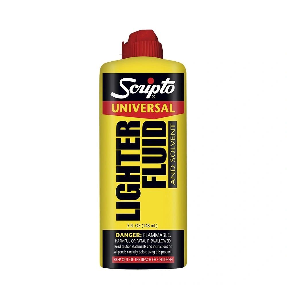 A bottle of scripto universal lighter fluid and solvent