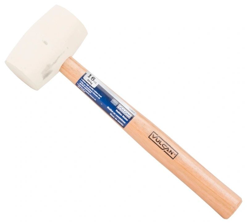A vulcan rubber mallet with a wooden handle
