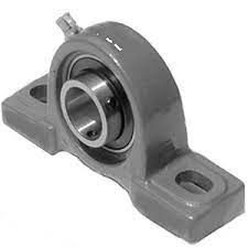A close up of a pillow block bearing on a white background.