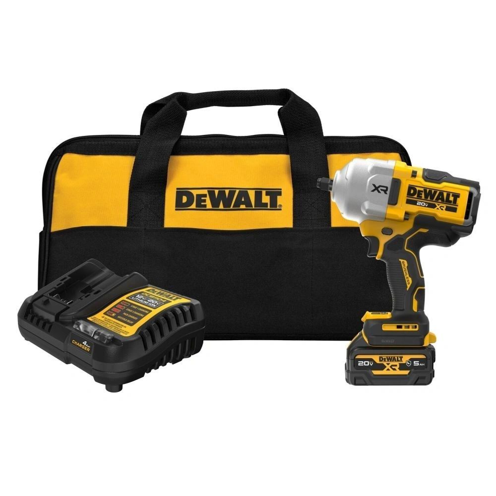 A dewalt cordless impact wrench with a charger and bag