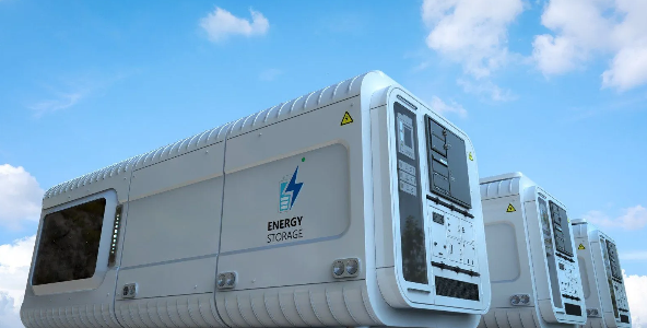 White energy storage units against a blue sky, with a lightning bolt logo, potentially solar power.