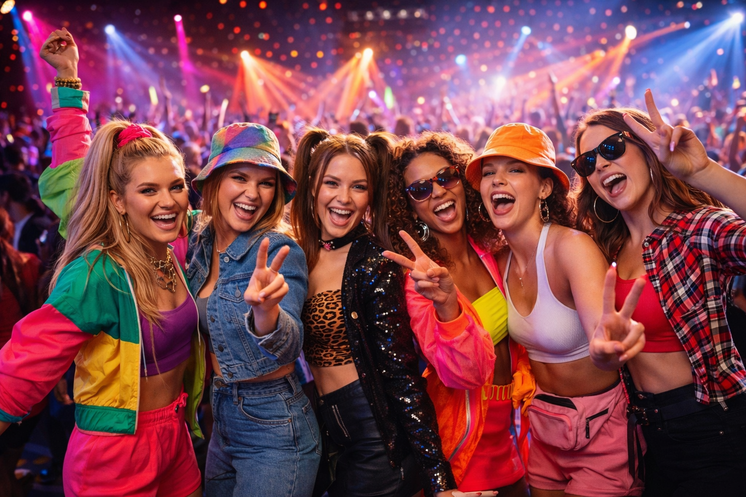 Group of women in colourful 90s-inspired outfits dancing and posing together at a lively party with bright lights, creating a fun and energetic hen party atmosphere.