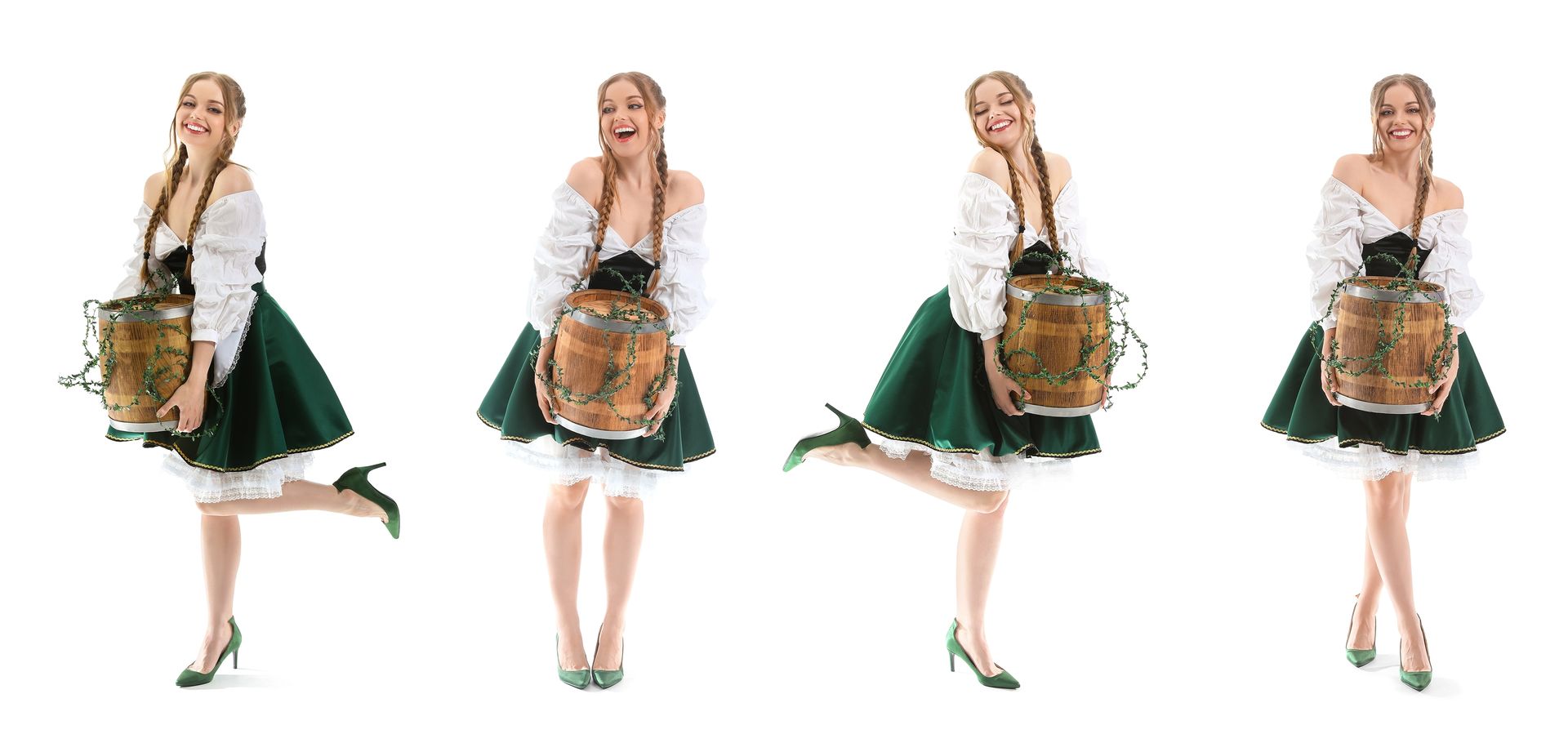 Fun beer wench in green dress holding a wooden barrel, posing playfully and smiling — perfect for stag party entertainment