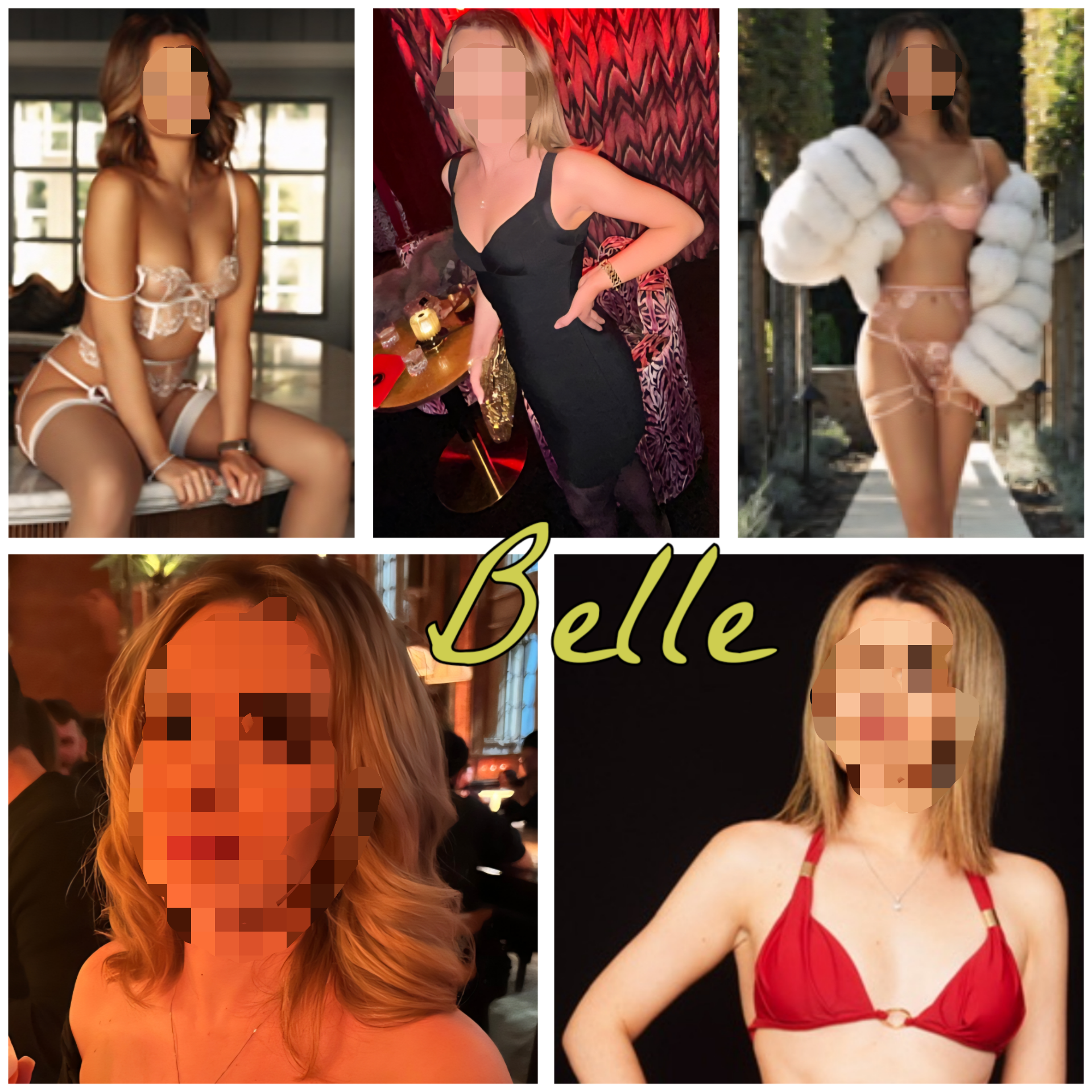 Collage of entertainer Belle posing in lingerie and fitted outfits in indoor and outdoor settings, shown in a mix of seated and standing poses, available in London and Hertfordshire.