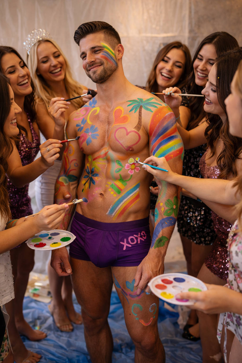 Hen party body painting activity with a group of women laughing and painting colourful designs onto a male model in a fun, lively indoor setting, creating a playful and interactive party atmosphere.