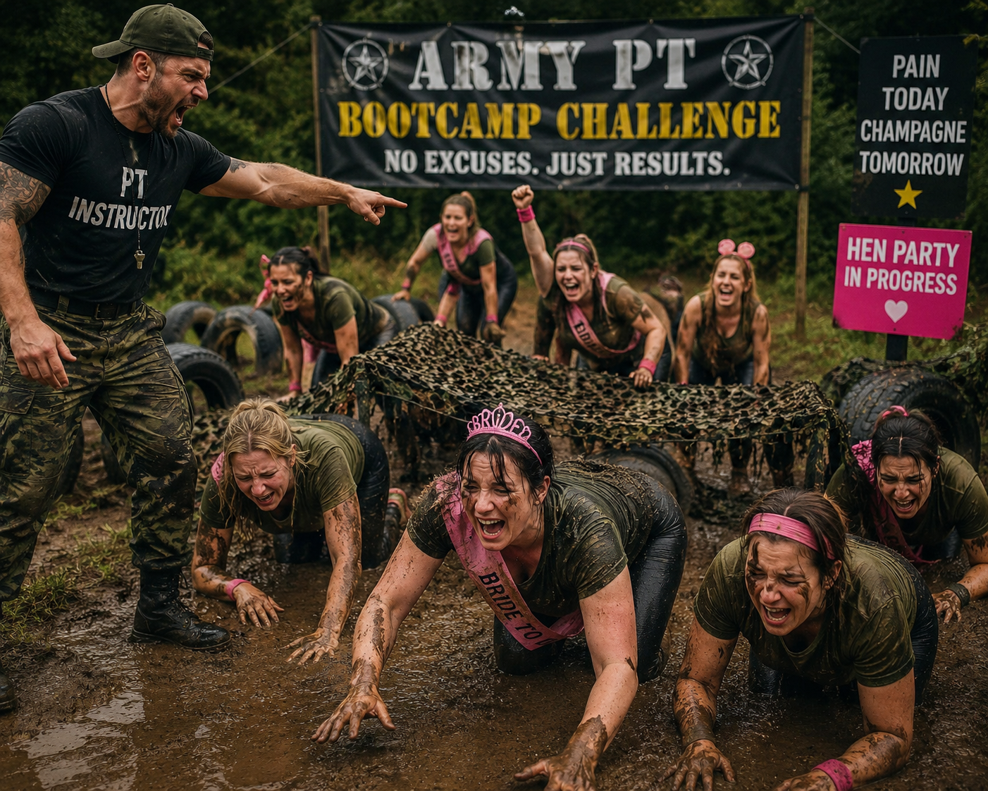 Group taking part in an Army PT Bootcamp Challenge in Cardiff, competing in military-style fitness games, team challenges and obstacle races led by a professional instructor.