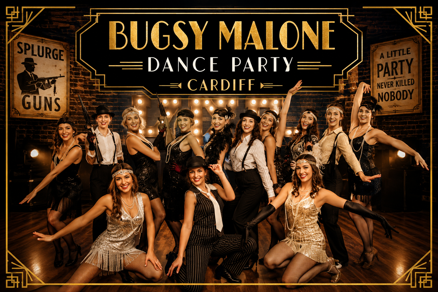 Group enjoying a Bugsy Malone dance party in Cardiff, learning fun 1920s-inspired choreography with a professional dance instructor in a themed dance studio.