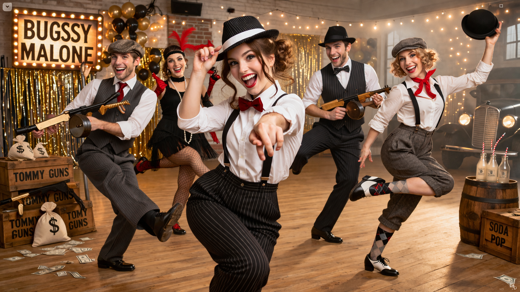 Group of women performing a Bugsy Malone themed hen party dance class in a studio, wearing 1920s-inspired outfits with hats and braces during a fun, theatrical routine