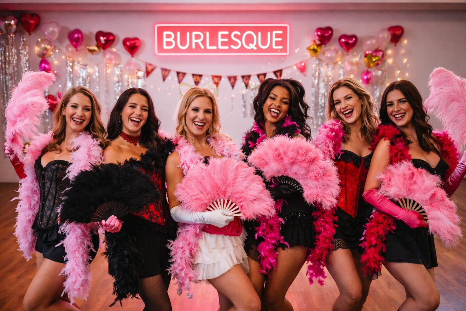 Group of women at a burlesque themed hen party dance class in a studio, wearing feather boas, corsets and gloves while posing together in a fun and glamorous routine