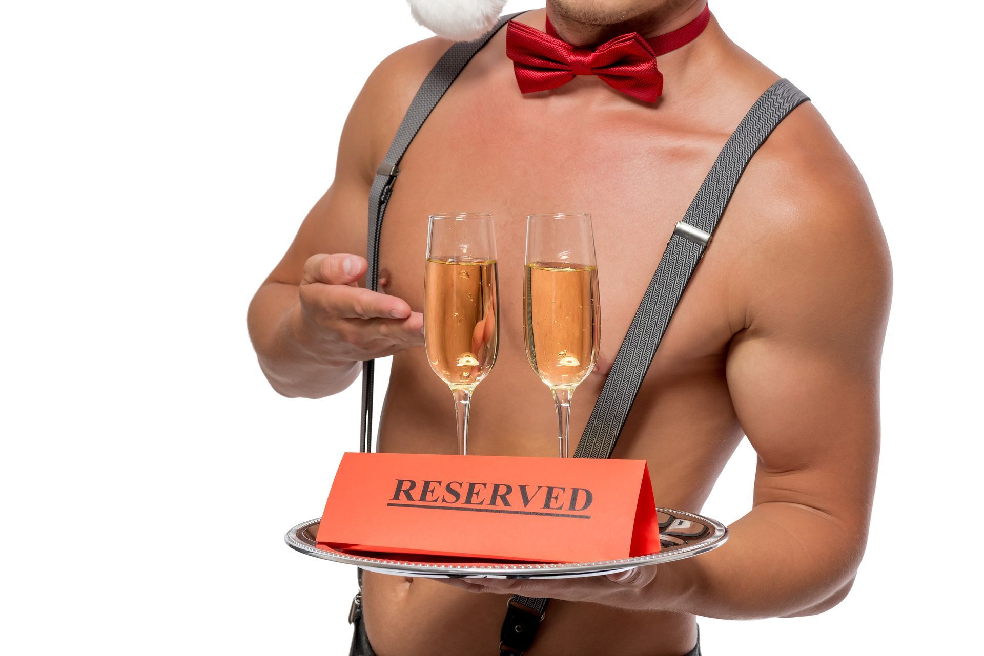 Festive buff butler wearing red bow tie and suspenders serving champagne – Epic Moments Christmas party entertainment UK