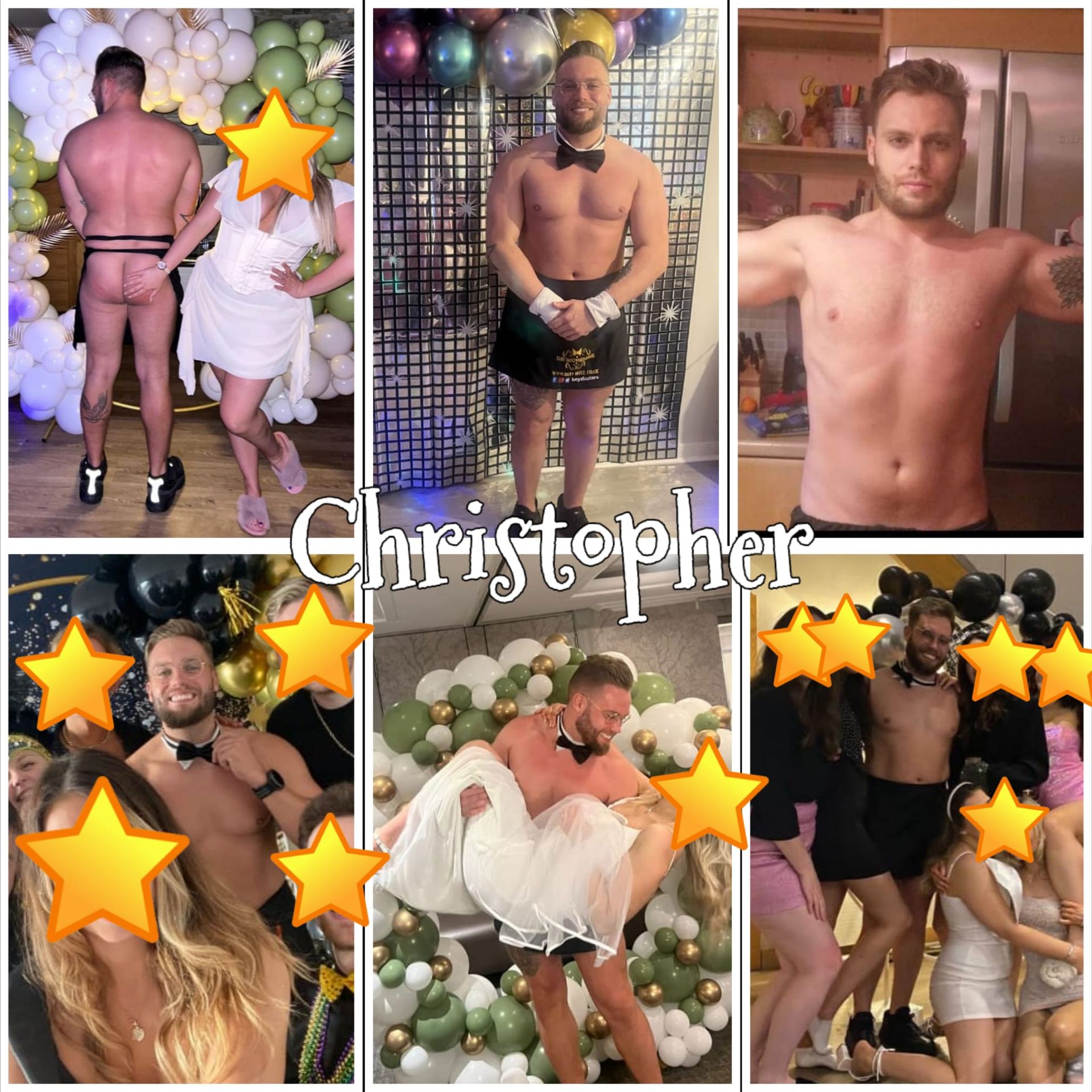 Collage of a male buff butler during party events, wearing collar and cuffs, a bow tie, and black shorts. Photos show him posing with guests, lifting a bride-style pose, flexing shirtless, and smiling in group party scenes. Faces of guests are covered with stars for privacy. Balloon displays and party decorations visible in the background