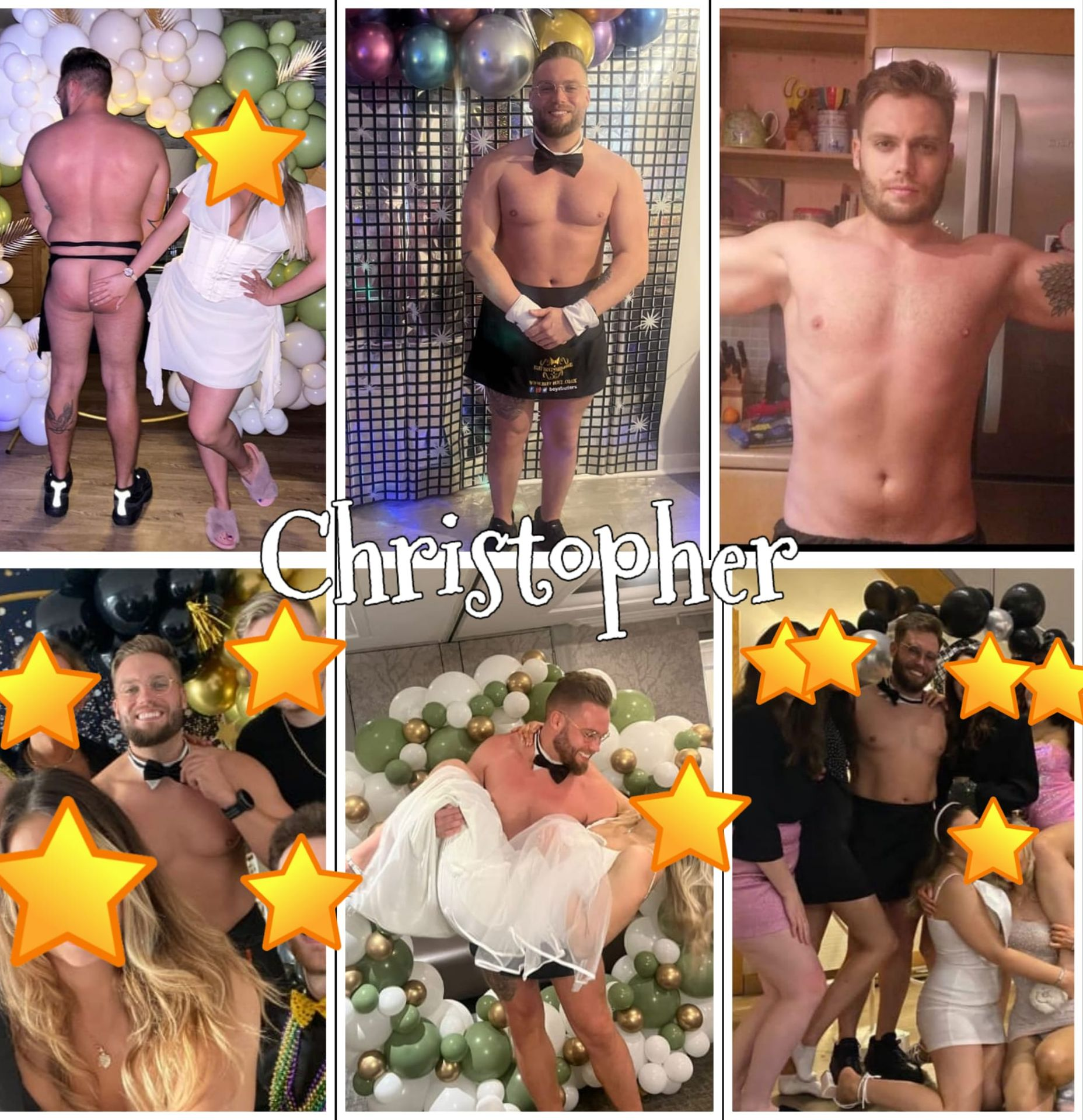 Glasgow-based buff butler Christopher posing at events in bow tie, cuffs, and apron — friendly, muscular entertainer providing hosting, games, and life-modelling services across Scotland
