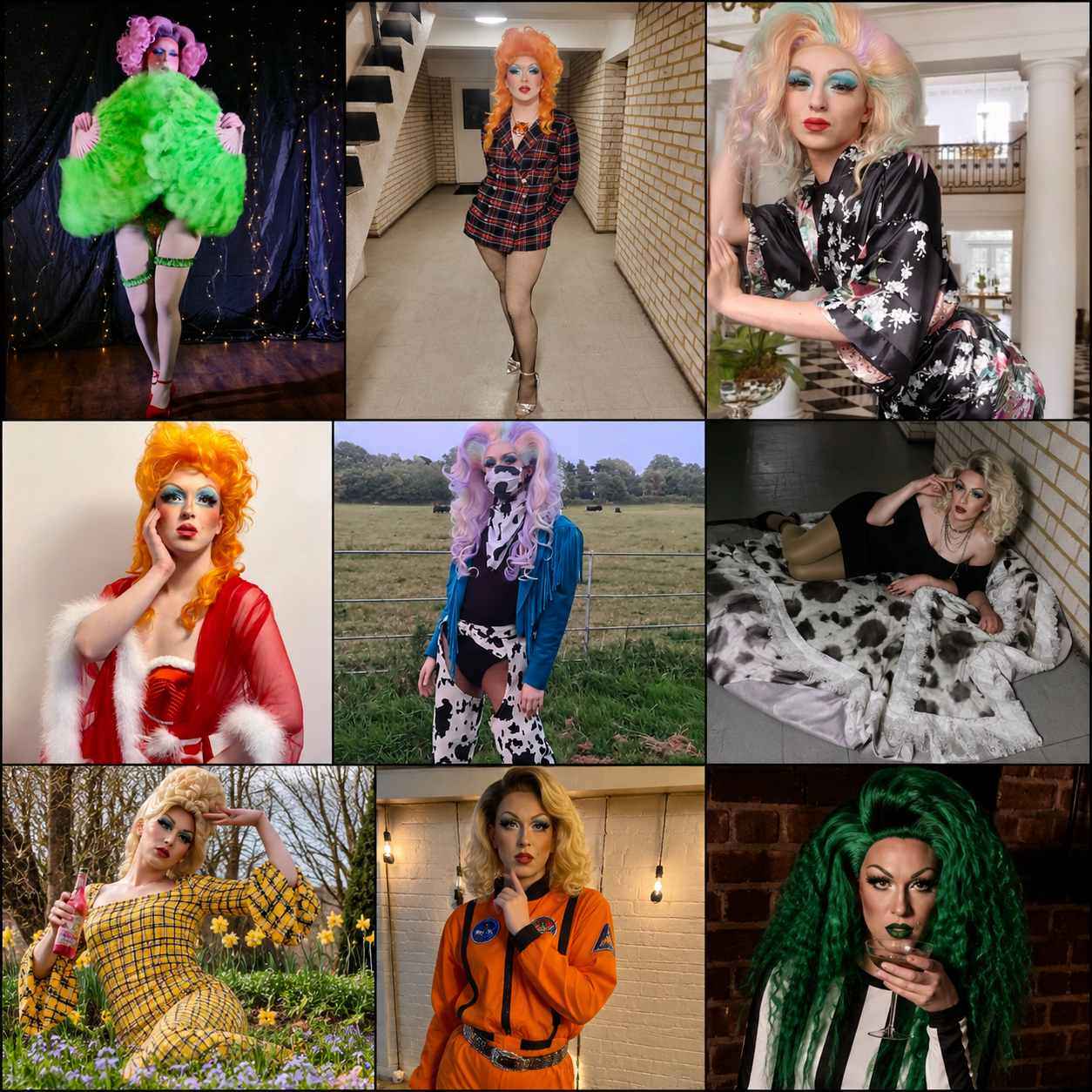 Professional drag performer DB posing in colourful themed costumes and glamorous makeup for weddings, drag bingo, hen parties and private events in Poole, Dorset.