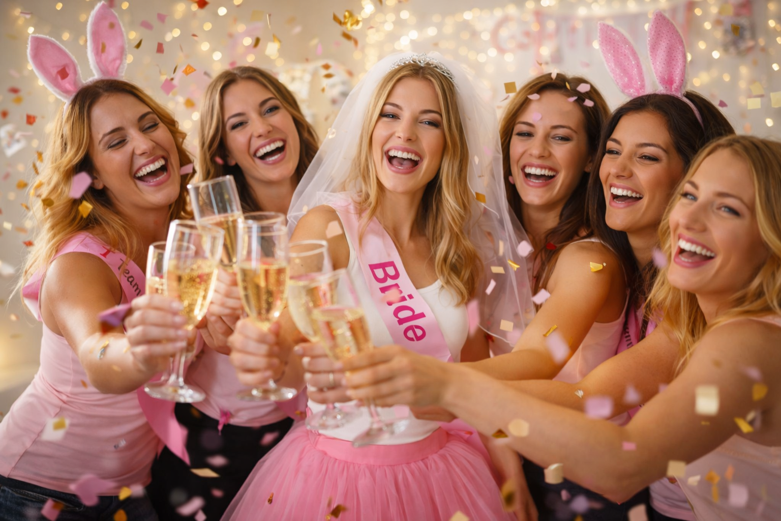 Happy hen party group celebrating bride with champagne and confetti