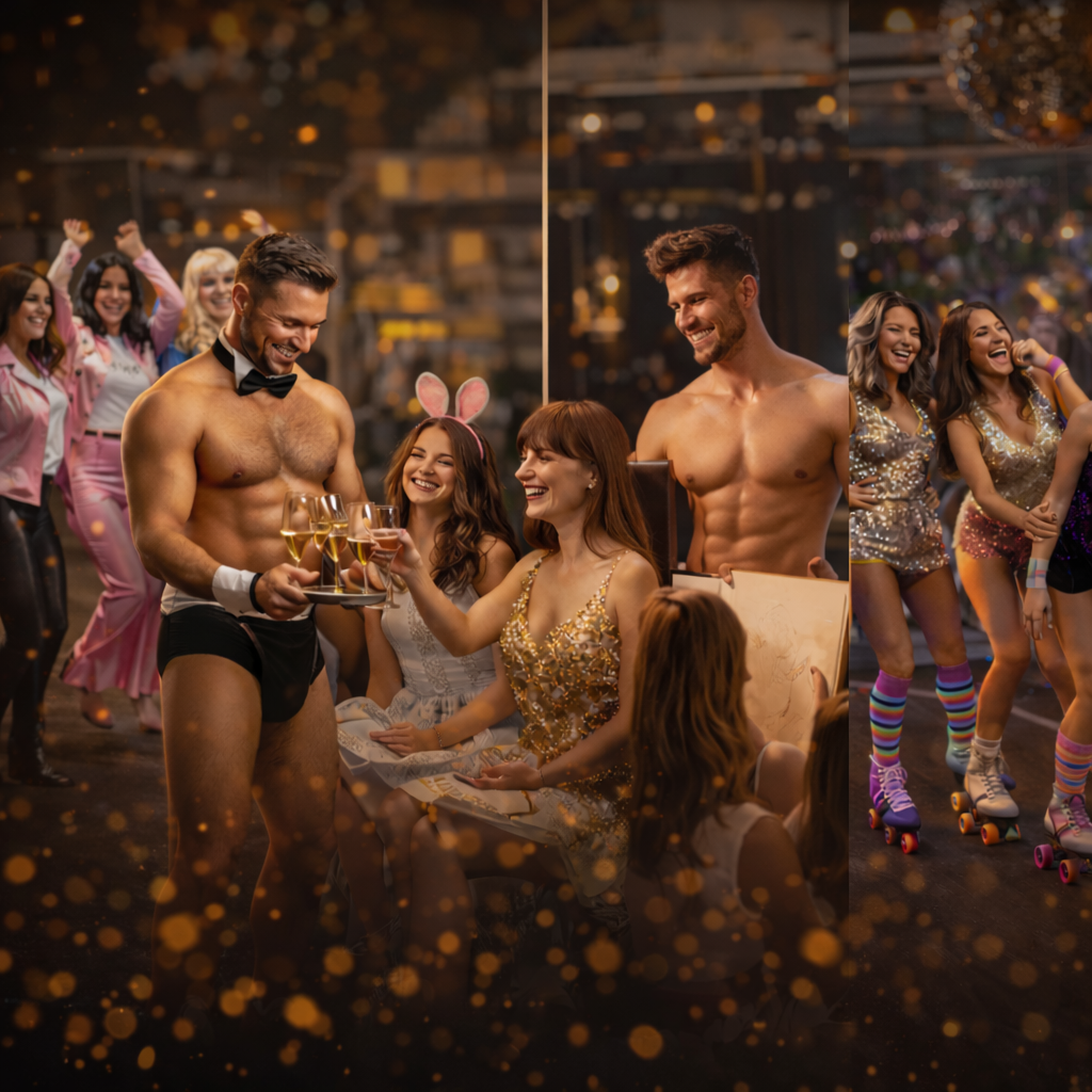 Hen party enjoying a private venue experience with buff butlers, champagne, life drawing and roller disco activities.