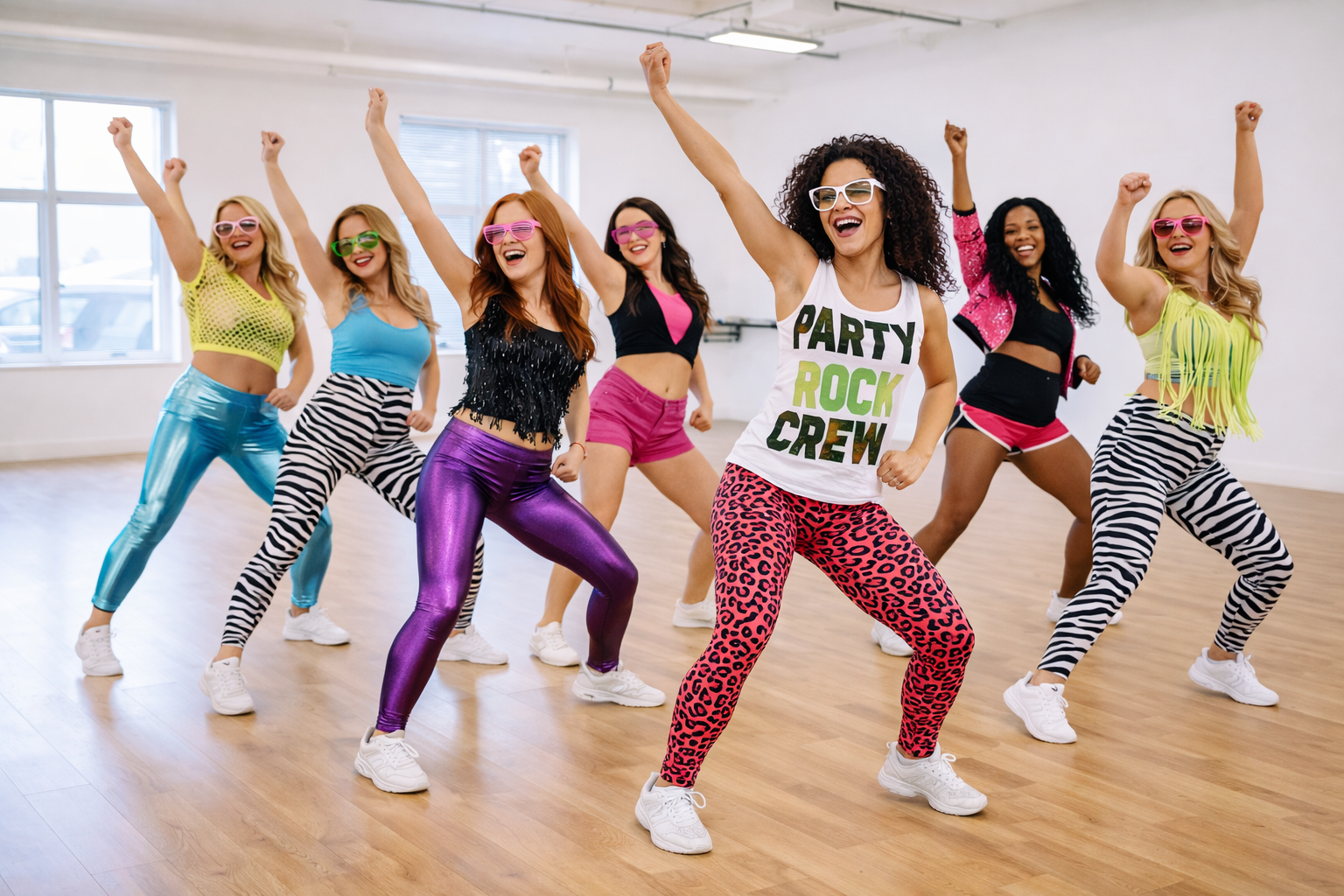 Group of women at a hen party dance class in a bright modern studio, wearing neon and retro party outfits with bold colours and sunglasses, dancing energetically together in a fun LMFAO Party Rock themed routine.