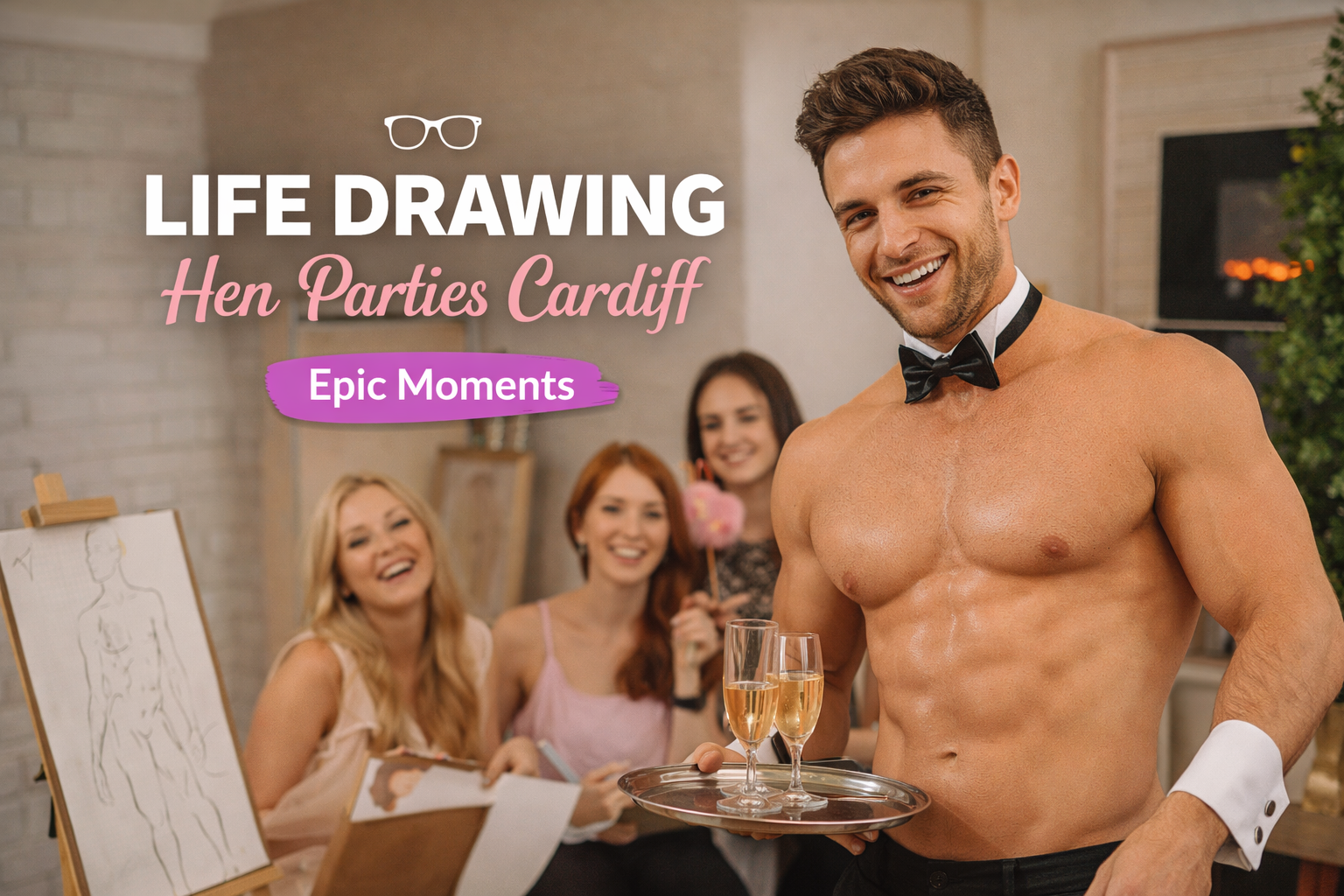 Male life drawing model serving drinks to laughing hen party guests during a fun life drawing session in Cardiff