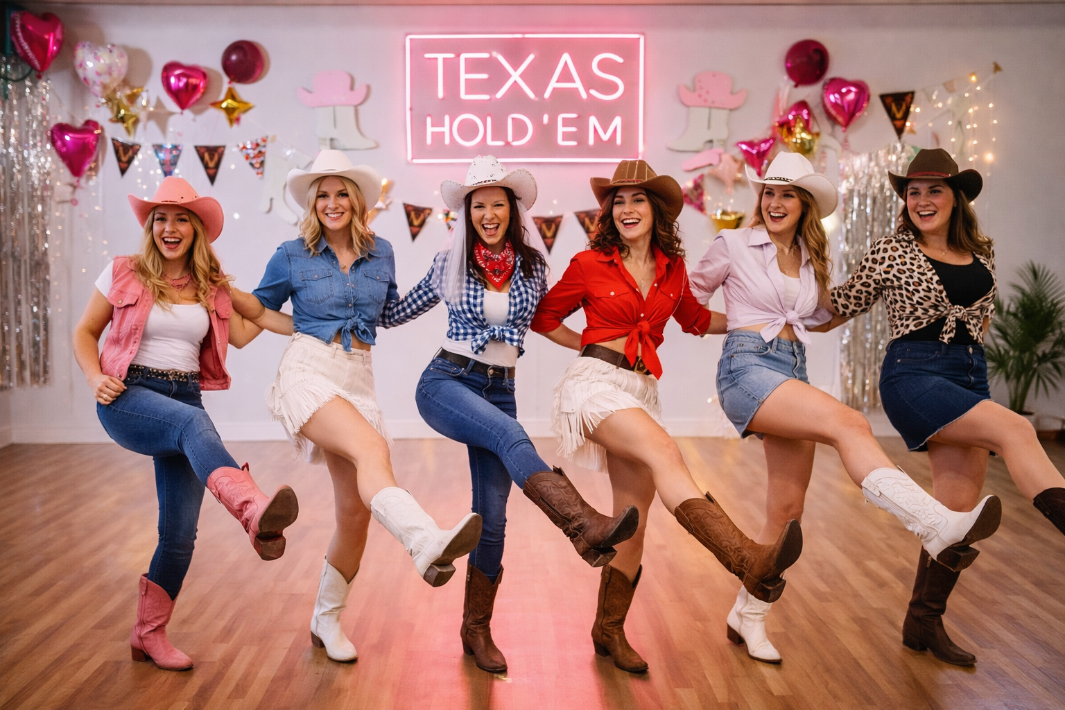 Group of women in cowboy hats and boots line dancing together in a bright dance studio, decorated for a Texas Hold’em themed hen party with a fun and energetic atmosphere.