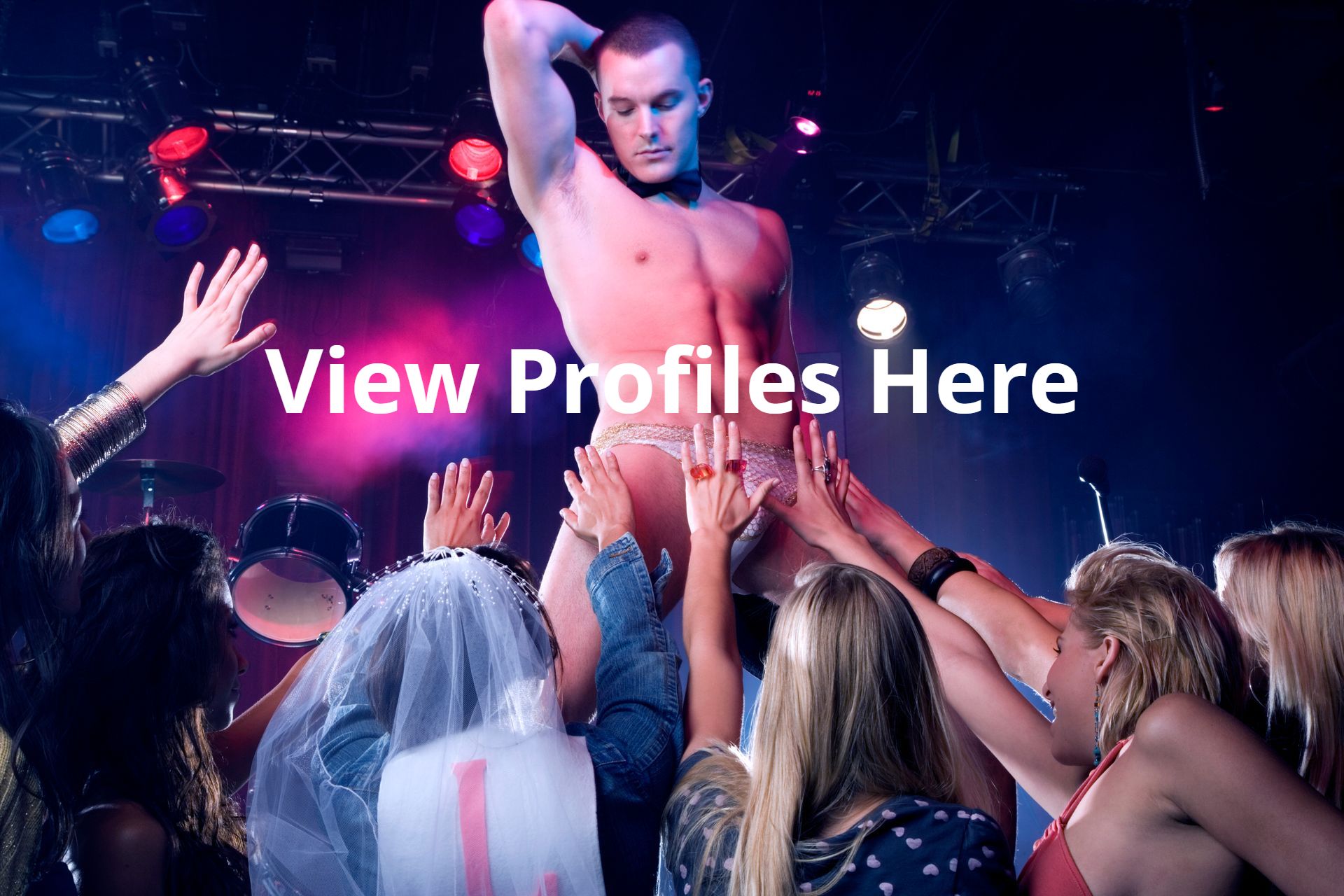 Male stripper performing on stage at a hen party, surrounded by excited women reaching out, with colorful stage lighting and a lively club atmosphere