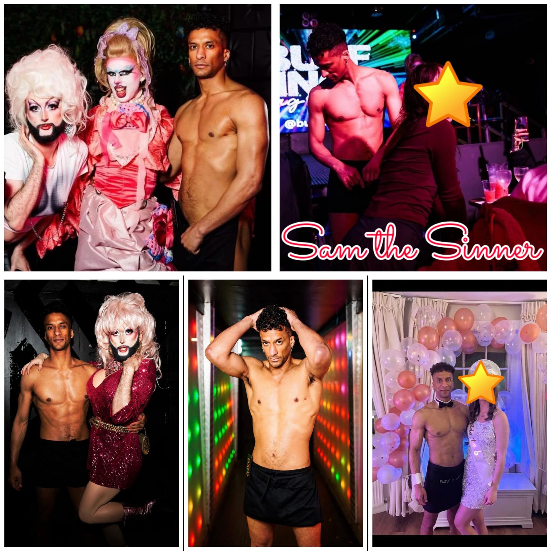 Based in London, will travel Collage featuring London-based male entertainer Sam the Sinner performing at hen parties, drag-themed events and nightlife venues, including shirtless dance performances, party interaction, colourful club lighting and photos with guests at UK celebrations.