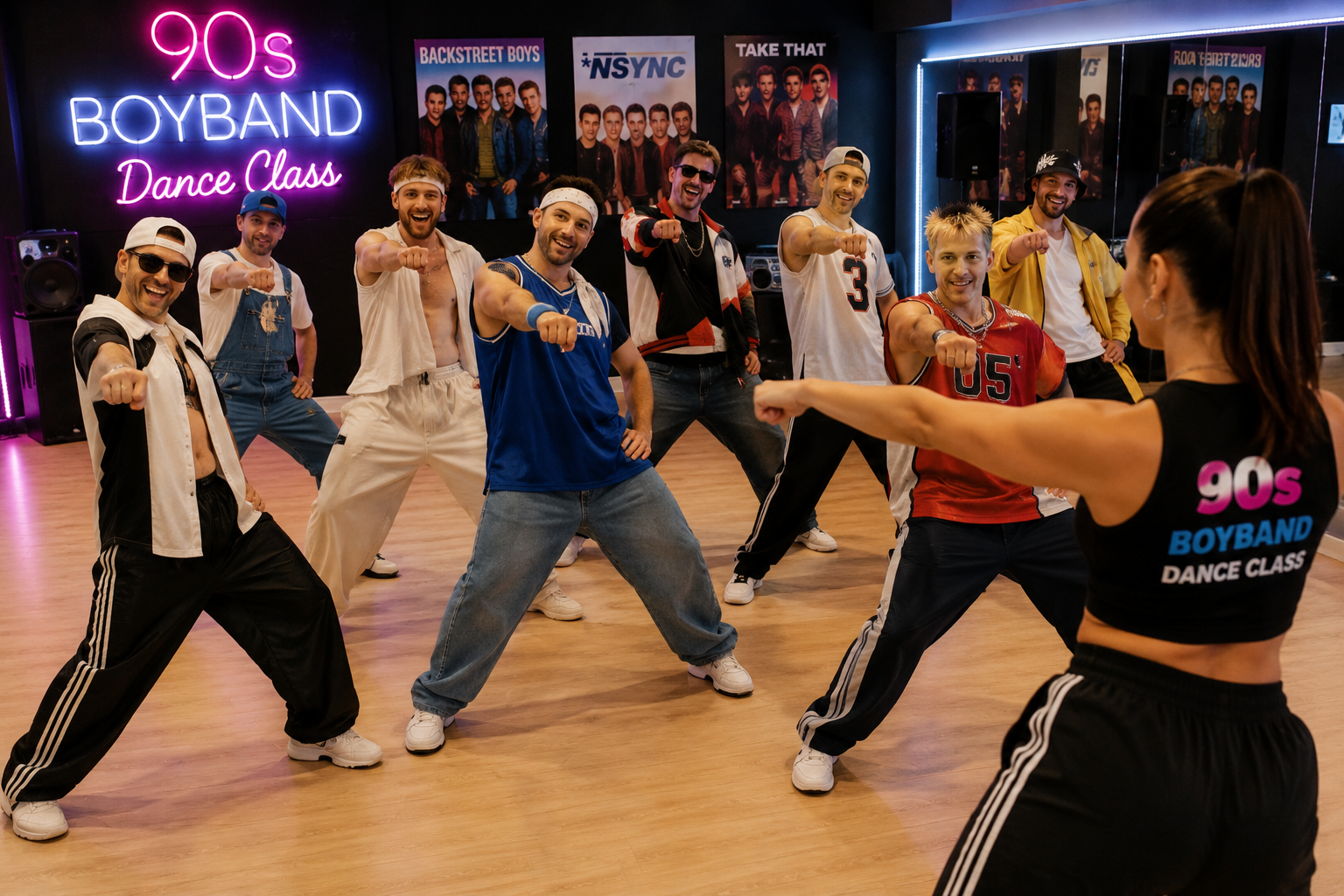 Group of men taking part in a 90s boyband stag dance class inspired by Backstreet Boys and NSYNC in a dance studio led by a female instructor.