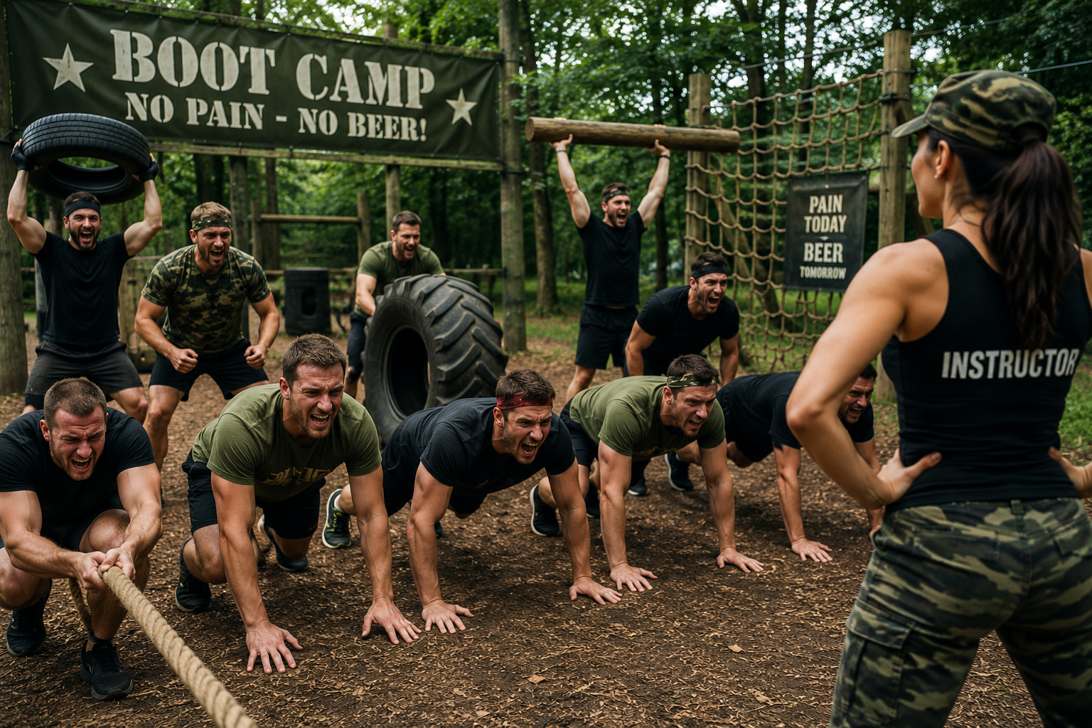 Group of men taking part in an outdoor army-style stag bootcamp challenge led by a female instructor with obstacle course equipment and fitness activities in a woodland setting.